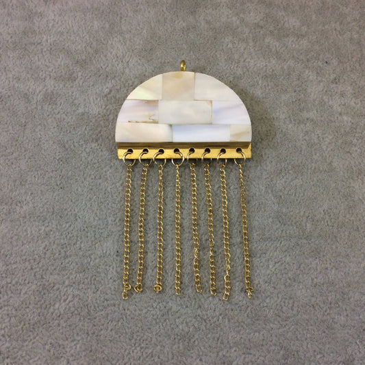 2" Iridescent White Jellyfish Shaped Natural Abalone Pendant with Gold Plated Chains - Measuring 48mm x 34mm, 45mm Chains