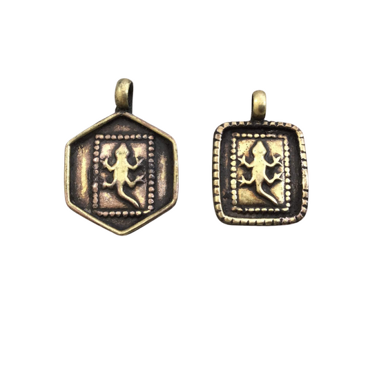 1" Oxidized Gold Plated Rustic Cast Lizard Icon Copper Rectangle or Hexagon Pendant with Attached Ring - Two Sizes/Shapes Available!