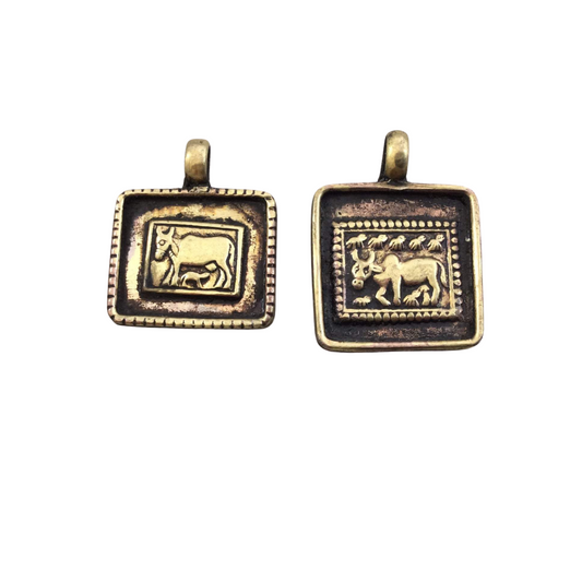 1" Oxidized Gold Plated Rustic Cast Cow/Ox Icon Copper Rectangle or Square Pendant with Attached Ring - Two Sizes/Shapes Available!