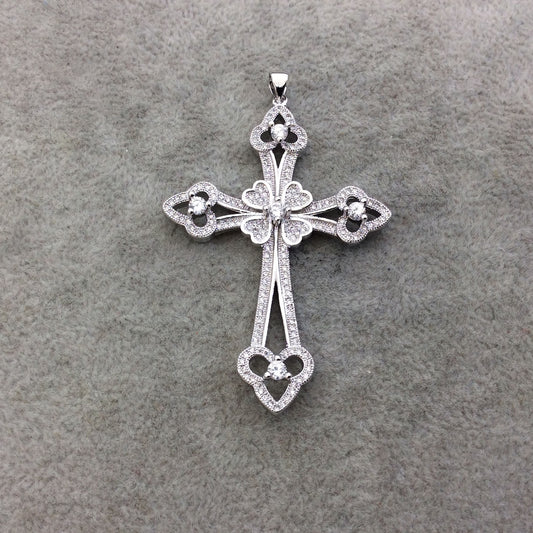 2.2" Long Silver Plated CZ Cubic Zirconia Inlaid Studded Fancy Cross Shaped Plated Copper Focal Pendant - Measuring 39mm x 56mm, Approx.