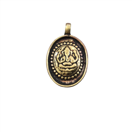 1" Oxidized Gold Plated Rustic 'Lotus Ganesha' Copper Oval God/Deity Pendant with Attached Ring - 21mm x 28mm, Approximately