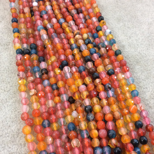 4mm Faceted Mixed Yellow/Pink/Blue Agate Round/Ball Shaped Beads - 14.75" Strand (Approximately 95 Beads) - Natural Semi-Precious Gemstone