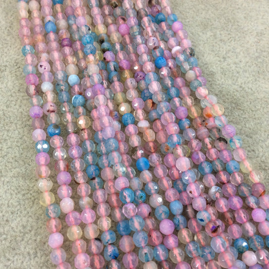4mm Faceted Light Pink/Blue/Yellow Agate Round/Ball Shaped Beads - 14.75" Strand (Approximately 95 Beads) - Natural Semi-Precious Gemstone