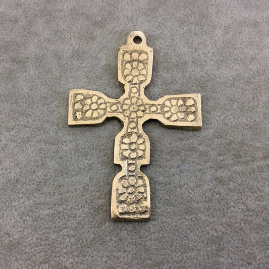 3.5" Heavy Floral Patterned Oxidized Gold Plated Brass Cross Pendant - Measuring 59mm x 87mm, Approximately - Sold Individually