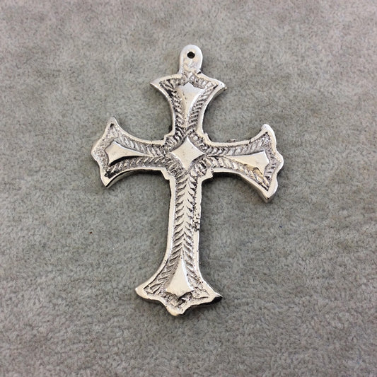 3.5" Heavy Diamond Patterned Oxidized Silver Plated Brass Cross Pendant - Measuring 58mm x 86mm, Approximately - Sold Individually
