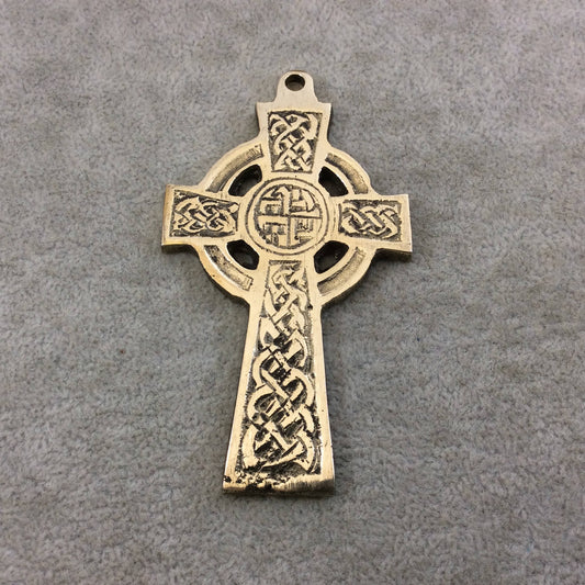 3.5" Heavy Knot Patterned Oxidized Gold Plated Brass Cross Pendant - Measuring 49mm x 86mm, Approximately - Sold Individually