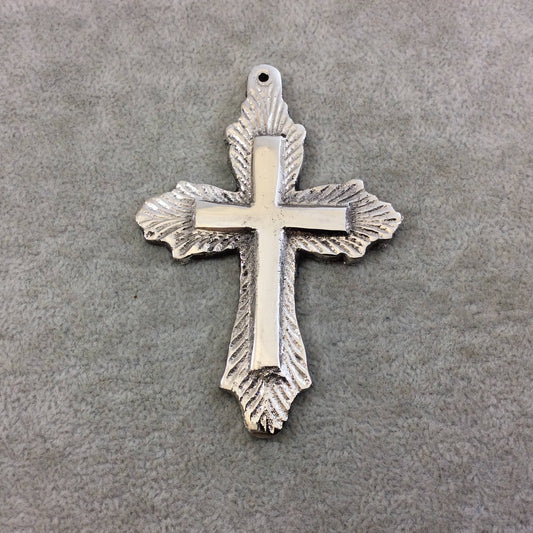 3.25" Heavy Line Burst Patterned Oxidized Silver Plated Brass Cross Pendant - Measuring 58mm x 87mm, Approximately - Sold Individually