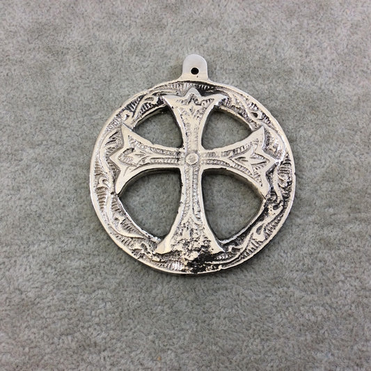 2.5" Heavy Circular Cross Patterned Oxidized Silver Plated Brass Medallion Pendant - Measuring 62mm, Approx. - Sold Individually