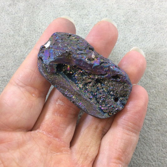 OOAK Rainbow Titanium Freeform Oval Shaped Chalcedony Galaxy Druzy Dual Drilled Connector Slab Bead "I" - Measuring 28mm x 53mm, Approx.