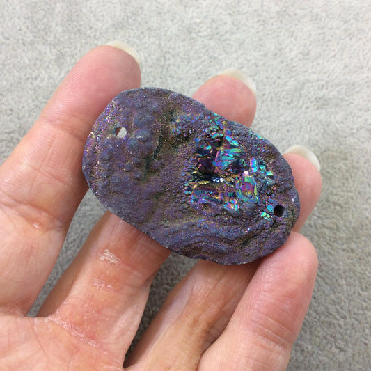 OOAK Rainbow Titanium Freeform Oval Shaped Chalcedony Galaxy Druzy Dual Drilled Connector Slab Bead "N" - Measuring 32mm x 49mm, Approx.
