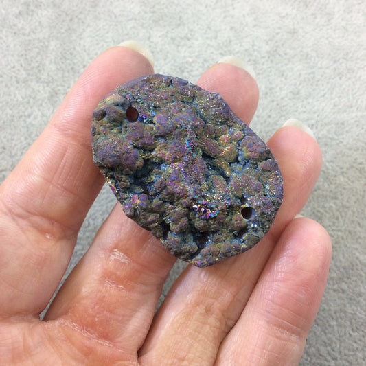 OOAK Rainbow Titanium Freeform Oval Shaped Chalcedony Galaxy Druzy Dual Drilled Connector Slab Bead "P" - Measuring 31mm x 44mm, Approx.