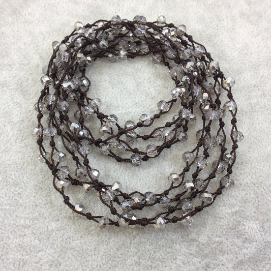 72" Woven Dark Brown Thread Necklace with 6mm Faceted AB Finish Rondelle Shaped Trans. Bicolor Silver Chinese Crystal Beads - (DB72CC-101)