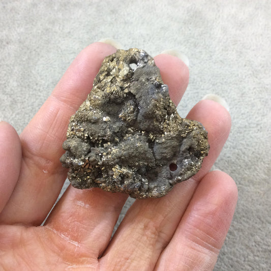 OOAK Metallic Gold Coated Freeform Oval Shaped Chalcedony Galaxy Druzy Dual Drilled Connector Slab Bead "R" - Measuring 45mm x 46mm, Approx.