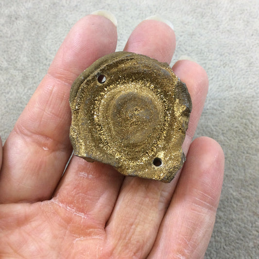 OOAK Metallic Gold Coated Freeform Oval Shaped Chalcedony Galaxy Druzy Dual Drilled Connector Slab Bead "S" - Measuring 40mm x 43mm, Approx.