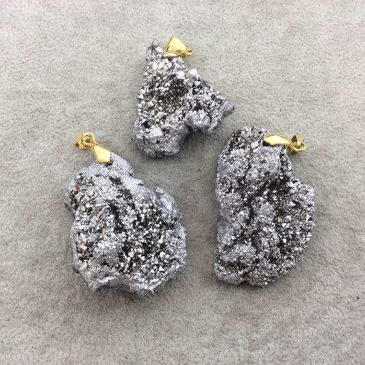 Metallic Silver Plated Druzy Chalcedony Freeform Shaped Pendant with Gold Bail - Measuring 35mm x 45mm Approx. - Sold Individually, Random