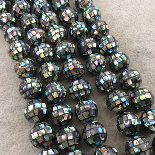LOOSE BEADS - 12mm Pearly Rainbow/Gray Natural Mother of Pearl Inlaid Round/Ball Beads with 1mm Holes - Sold in Pre-Packed Bags of 10 Beads