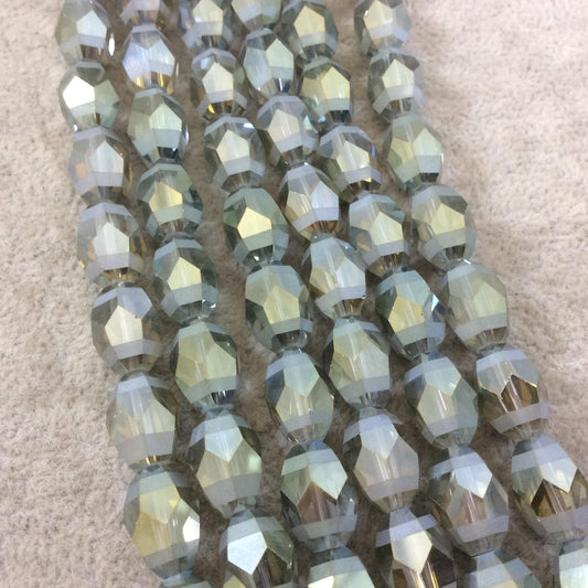 10mm x 14mm Matte Stripe Faceted Trans. AB Dark Sage Green Glass Crystal Rice/Oval Beads - 12.5" Strands (Approx. 25 Beads) - (CC1014-086)
