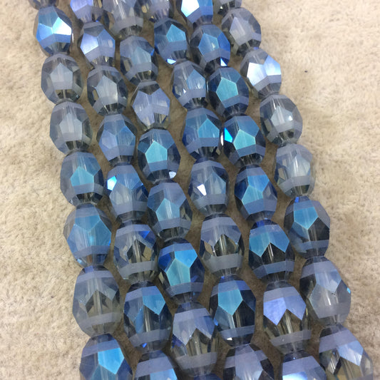 10mm x 14mm Matte Stripe Faceted Trans. AB Dark Denim Blue Glass Crystal Rice/Oval Beads - 12.5" Strands (Approx. 25 Beads) - (CC1014-089)