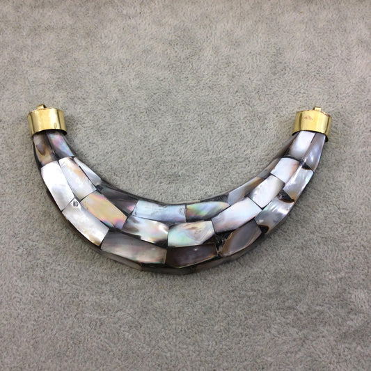 5" Extra Large Gray Abalone Shell Inlaid Double Ended U-Shaped Black Acrylic Focal Pendant - Measuring 124mm x 72mm