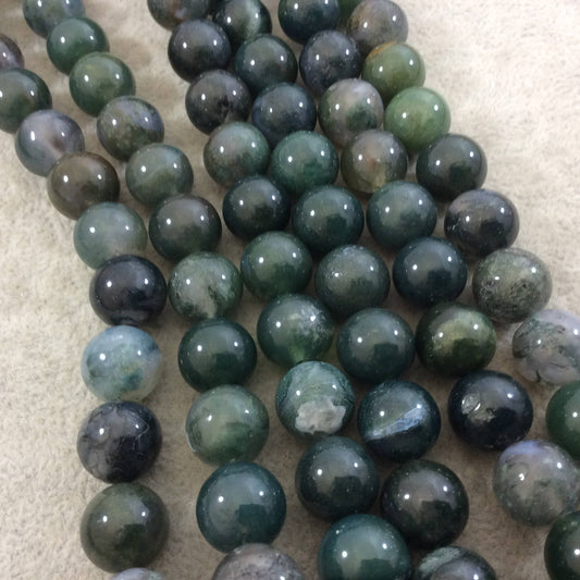 12mm Smooth Round/Ball Shaped Green Moss Agate Beads - 15.25" Strand (Approximately 33 Beads per Strand) - Natural Semi-Precious Gemstone