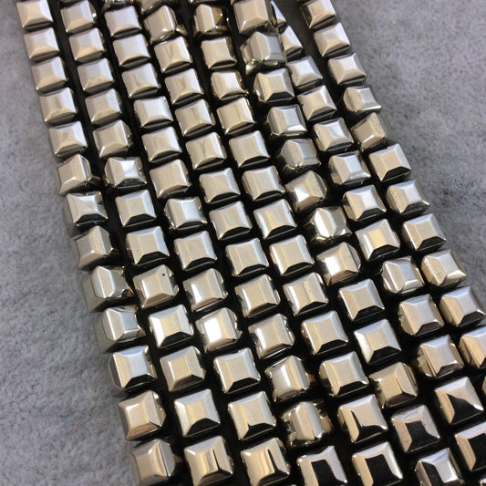 8mm Glossy Finish Faceted Metallic Light Gold Coated Hematite Cube Shaped Beads with 1mm Holes - Sold by 16" Strands (Approx. 51 Beads)