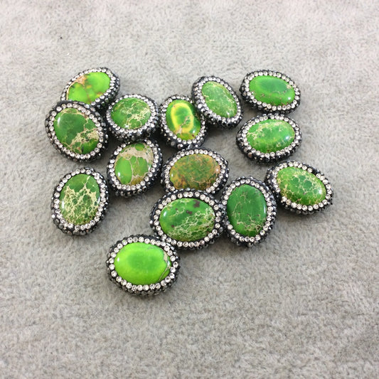 Single Rhinestone Encrusted Green Aqua Terra (Sea Sediment) Jasper Oval Shaped Bead - Measuring 17mm x 22mm, Approx. - Individual, RANDOM
