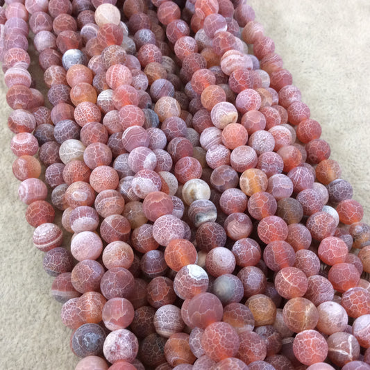 8mm Natural Matte Deep Red Crackle/Veined Agate Round/Ball Shaped Beads with 1mm Holes - 15" Strand (~48 Beads) - Quality Gemstone
