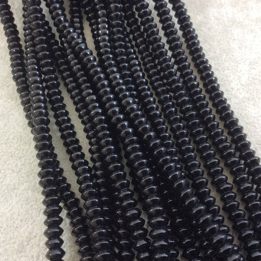 3mm x 6mm Smooth Glossy Finish Natural Jet Black Agate Rondelle Shaped Beads with 1mm Holes - Sold by 15.75" Strands (Approx. 124 Beads)