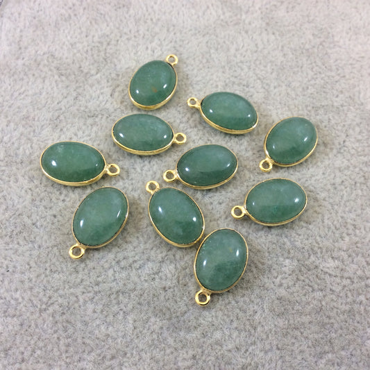 Gold Vermeil Flat Back Smooth Oval Shaped Green Aventurine Bezel Pendant Component - Measuring 10mm x 14mm - Natural Gemstone