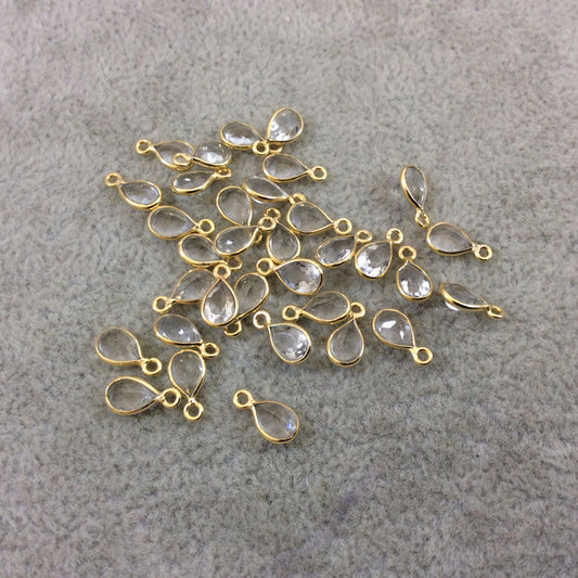 BULK LOT - Pack of Six (6) Gold Vermeil Pointed/Cut Stone Faceted Teardrop Shaped Natural Clear Quartz Bezel Pendants - Measures 4mm x 6mm