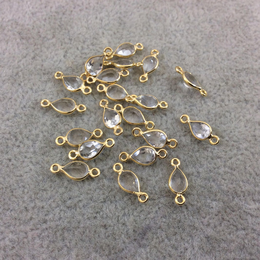BULK LOT - Pack of Six (6) Gold Vermeil Pointed/Cut Stone Faceted Teardrop Shaped Clear Natural Quartz Bezel Connectors Measures 4mm x 6mm