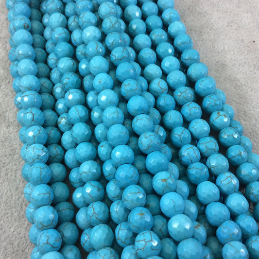 8mm Faceted Dyed Veined Turquoise Howlite Round/Ball Shaped Beads - Sold by 14" Strands (Approx. 48 Beads) - Quality Gemstone