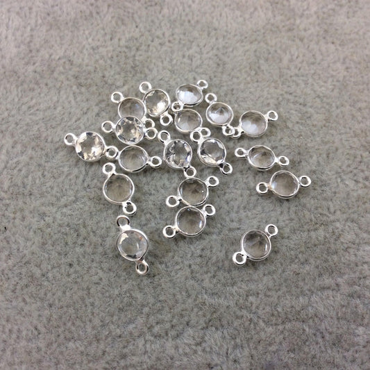 BULK LOT - Pack of Six (6) Sterling Silver Pointed/Cut Stone Faceted Round/Coin Shaped Clear Quartz Bezel Connectors - Measuring 5mm x 5mm