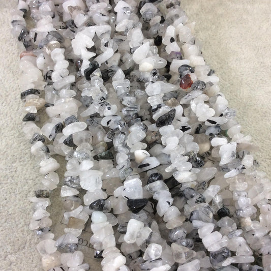 Natural Black/Clear Rutilated Quartz Chip Shaped Beads with 1mm Holes - Sold by 15.75" Strands (Approx. 132 Beads) - Measuring 8-10mm Wide