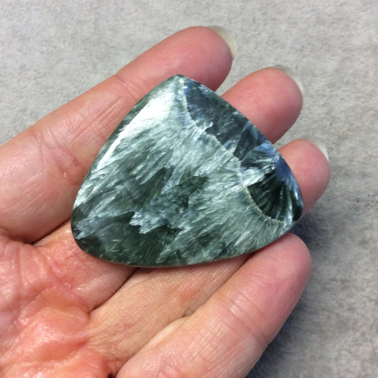 OOAK Natural Green Seraphinite Teardrop/Pear Shaped Flat Back Cabochon - Measuring 49mm x 41mm, 5mm Dome Height - Gemstone Cab