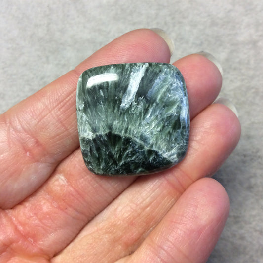 OOAK Natural Green Seraphinite Rounded Square Shaped Flat Back Cabochon - Measuring 28.5mm x 28mm, 6mm Dome Height - Gemstone Cab