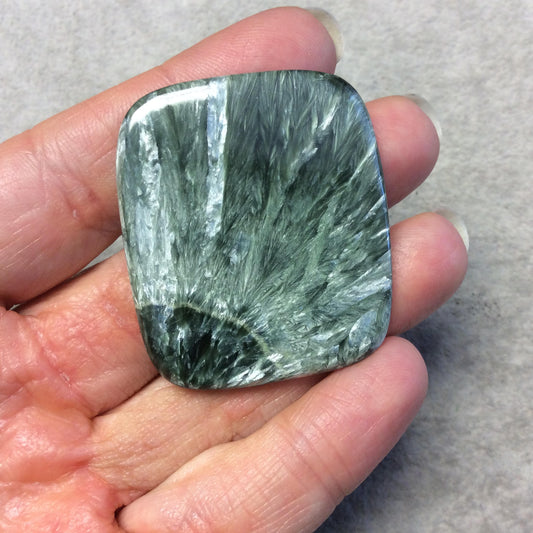 OOAK Natural Green Seraphinite Rectangle Shaped Flat Back Cabochon - Measuring 38mm x 44mm, 4.5mm Dome Height - Gemstone Cab
