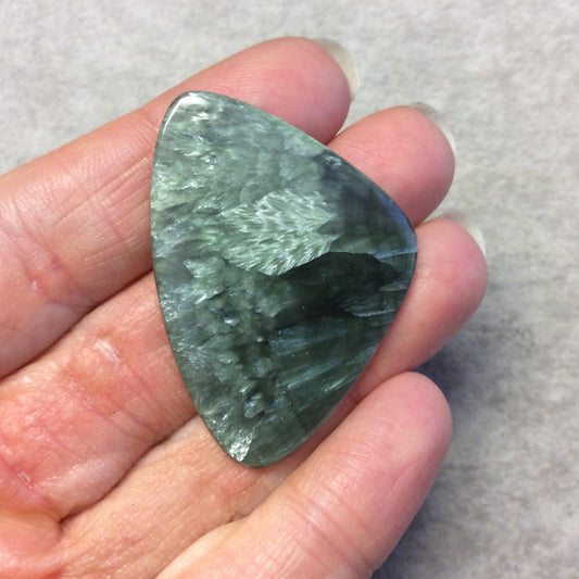 OOAK Natural Green Seraphinite Freeform Sail Shaped Flat Back Cabochon - Measuring 32mm x 46mm, 3.5mm Dome Height - Gemstone Cab