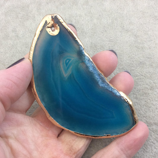 OOAK Large Drilled Gold Electroplated Freeform Shaped Banded Blue Agate "C" Slice Focal Pendant - Measuring 38mm x 82mm, Approximately