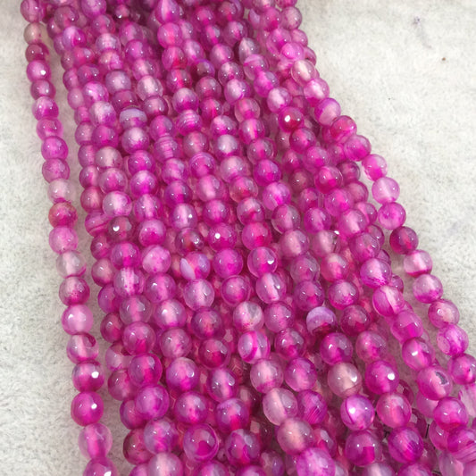 6mm Faceted Mixed Fuchsia/Clear Agate Round/Ball Shaped Beads - 15.5" Strand (Approximately 64 Beads) - Natural Semi-Precious Gemstone