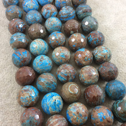 14mm Faceted Finish Enhanced "Blue Sky" Calsilica Jasper Round/Ball Shaped Beads with 1mm Holes - Sold by 15" Strands (Approx. 32 Beads)