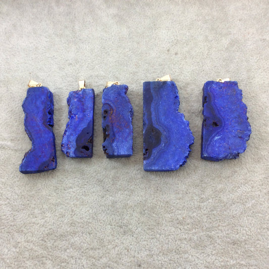 Single Dyed Blue Druzy Agate Freeform Slice Shaped Pendant with Gold Bail - Measuring 20mm x 25-30mm Approx. - Sold Individually, Random