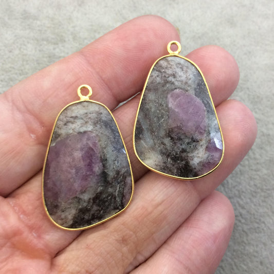 One Pair of OOAK Gold Finish Faceted Ruby in Feldspar Freeform Shaped Bezel Pendants "RP13"- Measuring 22mm x 31mm - Natural Gemstone