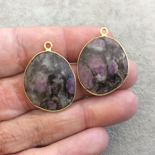 One Pair of OOAK Gold Finish Faceted Ruby in Feldspar Freeform Shaped Bezel Pendants "RP11"- Measuring 22mm x 26mm - Natural Gemstone
