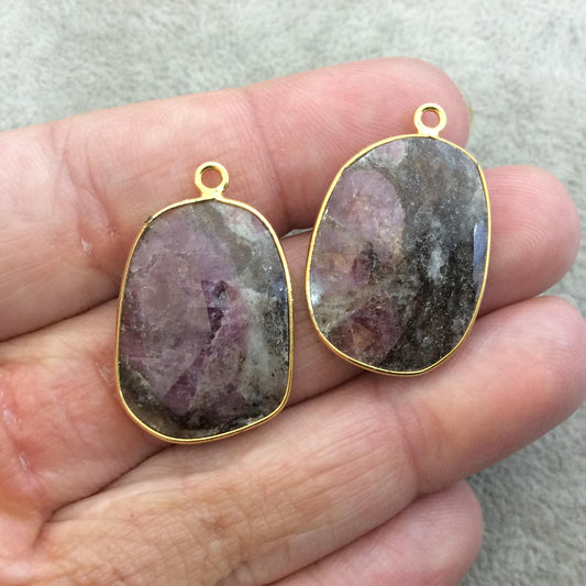 One Pair of OOAK Gold Finish Faceted Ruby in Feldspar Freeform Shaped Bezel Pendants "RP14"- Measuring 18mm x 26mm - Natural Gemstone