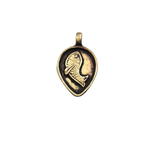 1" Oxidized Gold Plated Rustic Cast Fish Icon Copper Inverted Teardrop Pendant with Attached Ring - 19mmx 24mm, Approximately