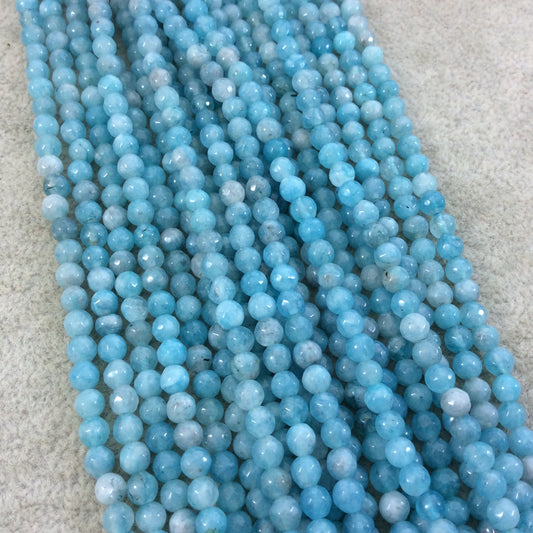 4mm Faceted Mixed Aqua Blue Agate Round/Ball Shaped Beads - 14.75" Strand (Approximately 95 Beads) - Natural Semi-Precious Gemstone