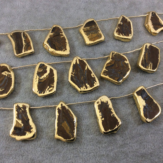 Gold Electroplated Smooth Freeform Slab Shaped Natural Tiger Iron Top-Drilled Beads - 9" Strand (9 Beads) - Measures ~ 17mm x 25mm.