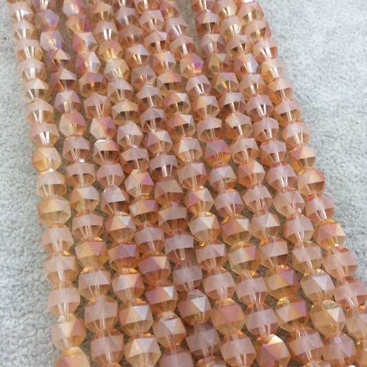 Chinese Crystal Beads | 8mm Matte Stripe Glossy Faceted Transparent AB Bicolor Peach Orange Round Glass Beads