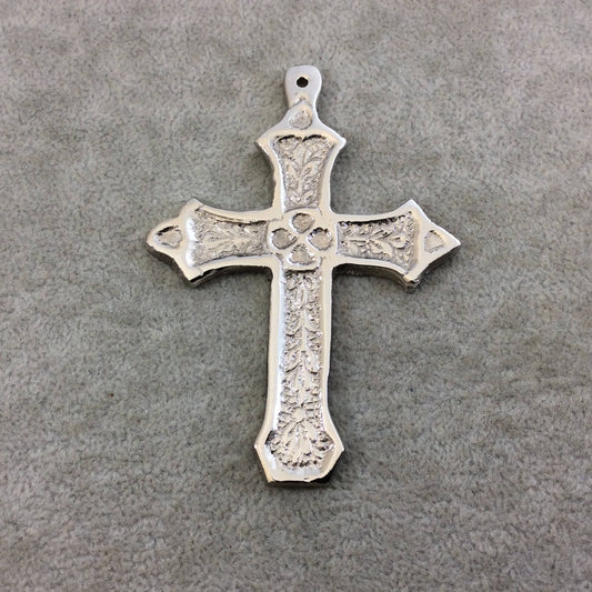 3.5" Heavy Clover Patterned Oxidized Silver Plated Brass Cross Pendant - Measuring 62mm x 87mm, Approximately - Sold Individually